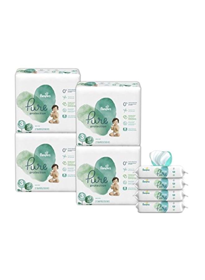 Pack Of 4 Pure Protection Disposable Diapers , Size 3 , 7-13 Kg , 108 Counts With Aqua Pure Wipes