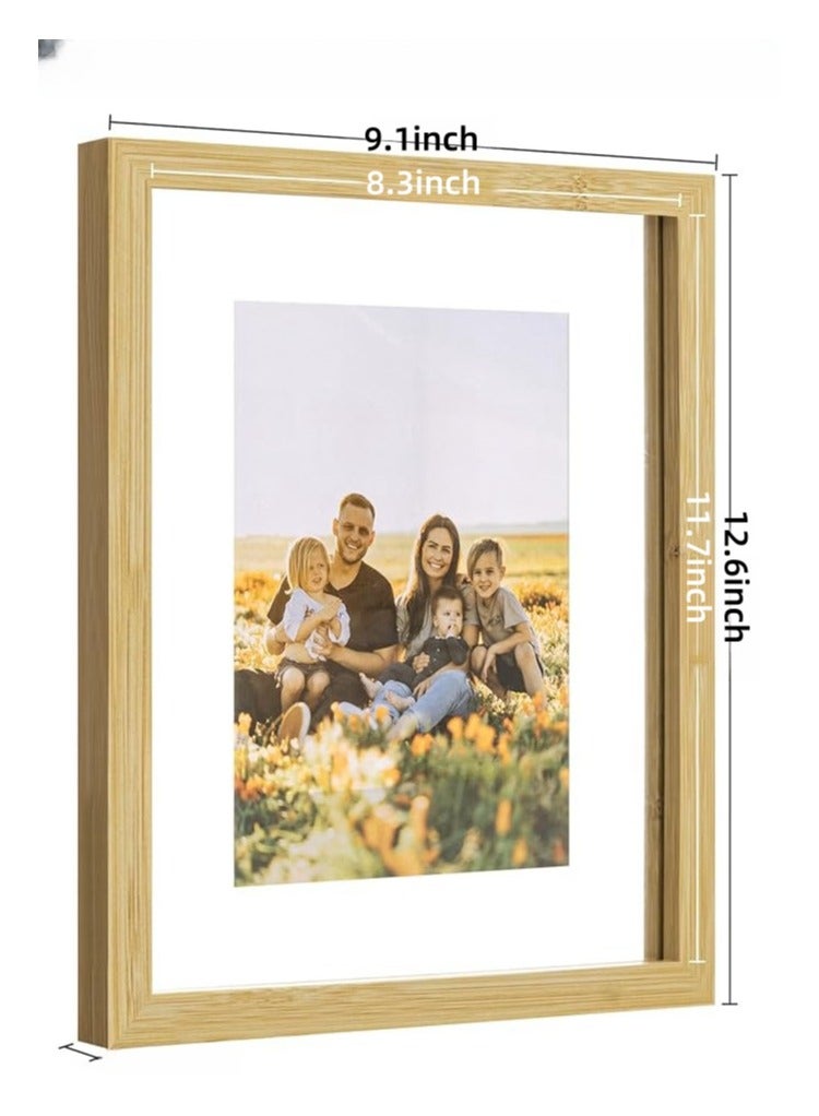A4 Floating Photo Frame, Double Glass Rustic Frame, Display Any Size Photo up to 21x30cm, Tabletop Standing, Wood Color