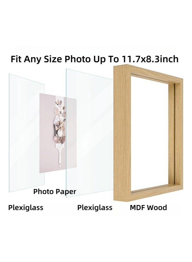 A4 Floating Photo Frame, Double Glass Rustic Frame, Display Any Size Photo up to 21x30cm, Tabletop Standing, Wood Color