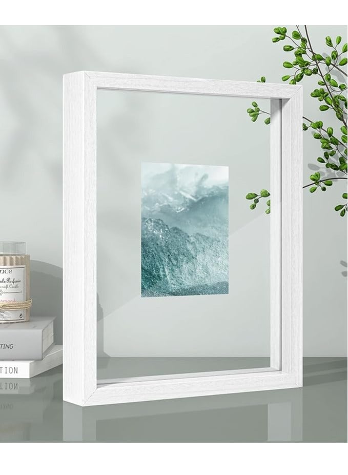 A4 Floating Photo Frame, Double Glass Rustic Frame, Display Any Size Photo up to 21x30cm, Tabletop Standing, White