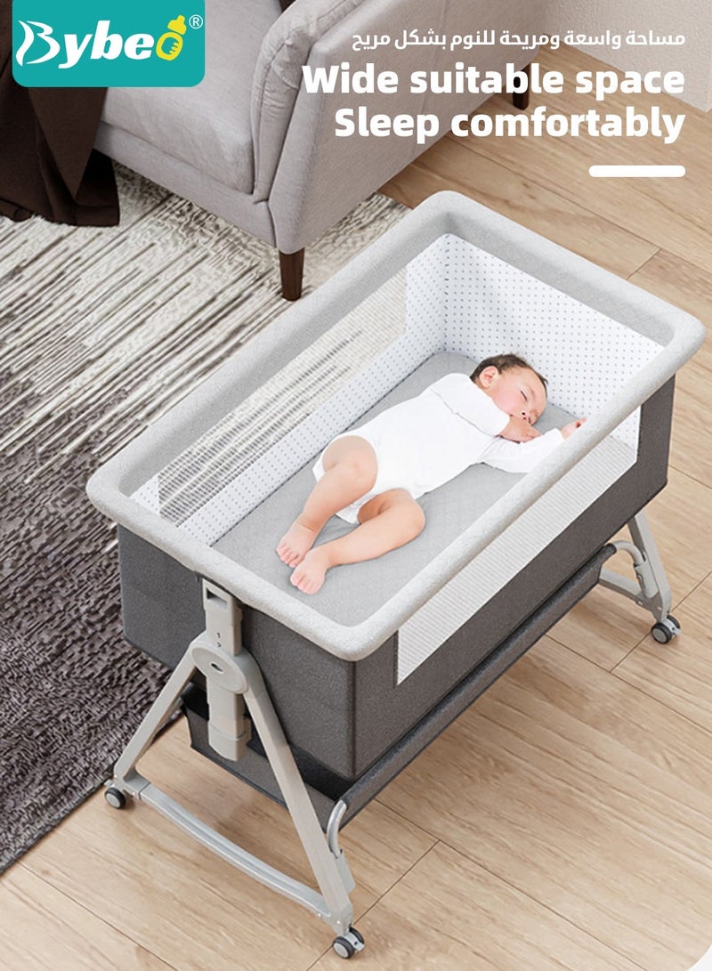 4-in-1 Baby Bedside Crib, Folding Baby Bassinet,Infant Cots, Portable Babies Bed Adjustable Infant Sleeper With Mosquito Net, Diaper Changing Table, Mattress & Storage Basket