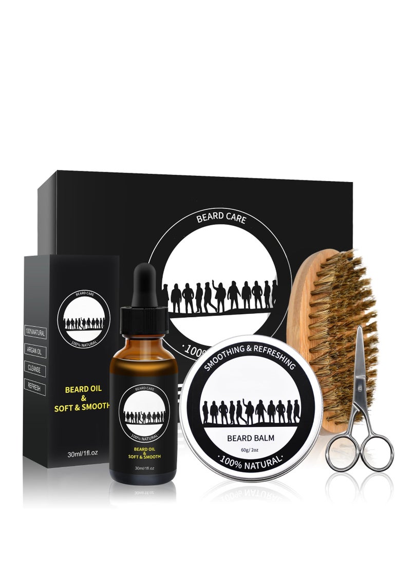 5 Piece Beard Grooming Kit for Men, including All Natural Beard Oil, Beard Balm with Sweet Orange Scent, Brush, Comb, Scissors, Storage Bag, Beard Care Set