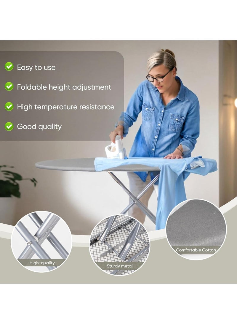 Heat-Resistant Ironing Board with Steam Iron Rest and Non-Slip Foldable Stand, Sturdy Metal Frame in Silver Gray, Height Adjustable & Space-Saving Design for Home, Laundry Room & Dorm Use