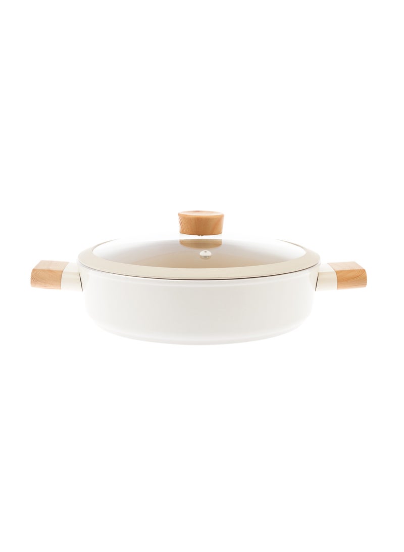 Swiss Crystal High Quality Ceramic Coating Non-Stick Low Casserole - 26cm- Glass Lid With Protective Silicon Edge - Natural Wood Handles and Knob - Beige