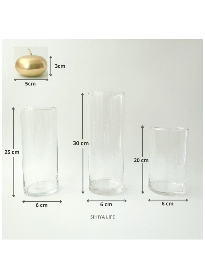 Set of 3 Glass Vases with 3 Gold Floating Candles | elegant decorative cylinder vases for Mantle, Events, Party, Candlelit Dinners,Get togethers,Wedding,Parties,Gifting