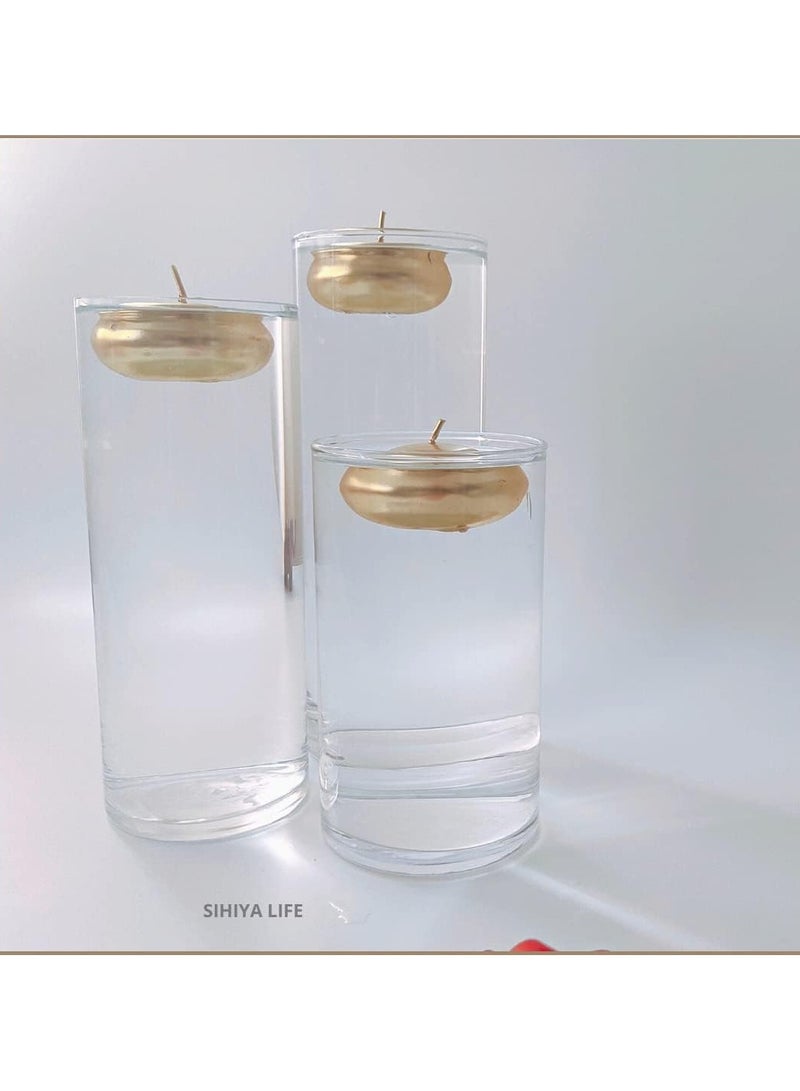 Set of 3 Glass Vases with 3 Gold Floating Candles | elegant decorative cylinder vases for Mantle, Events, Party, Candlelit Dinners,Get togethers,Wedding,Parties,Gifting