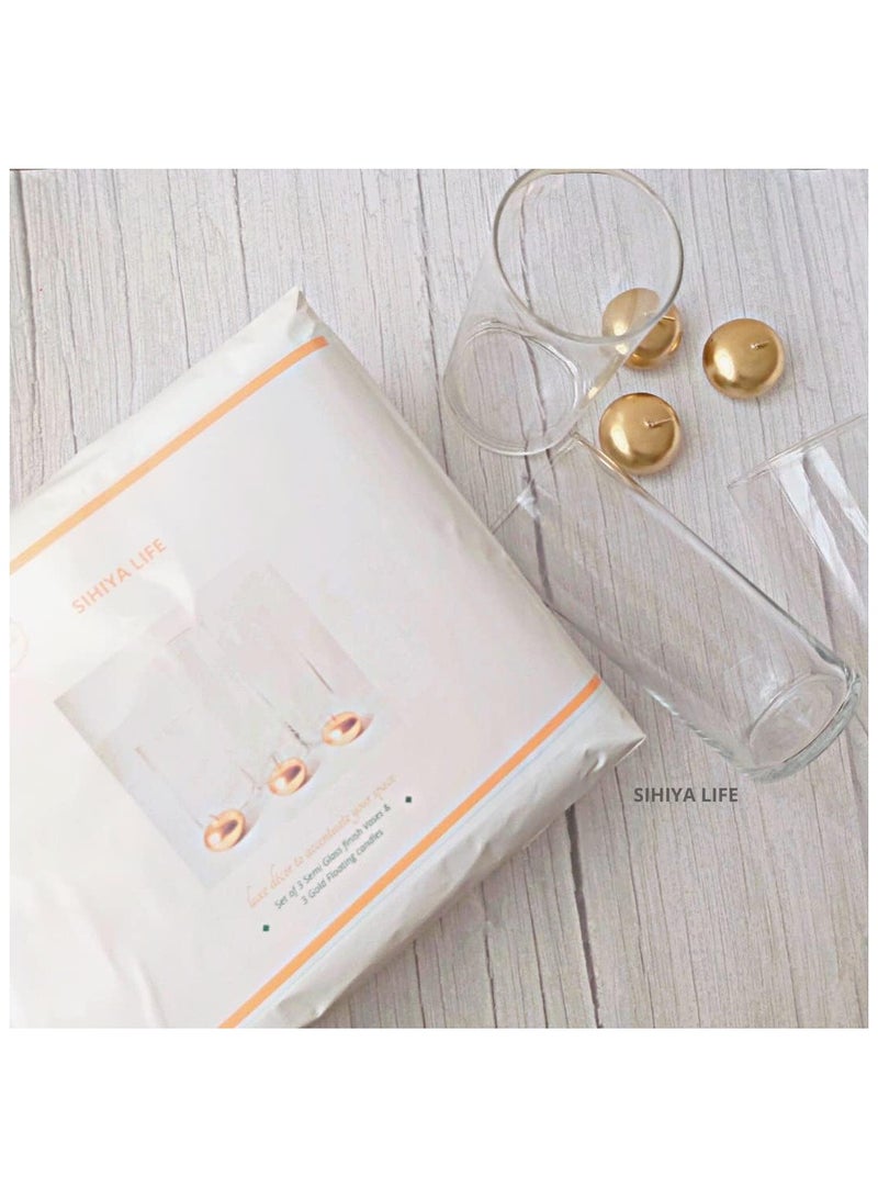 Set of 3 Glass Vases with 3 Gold Floating Candles | elegant decorative cylinder vases for Mantle, Events, Party, Candlelit Dinners,Get togethers,Wedding,Parties,Gifting