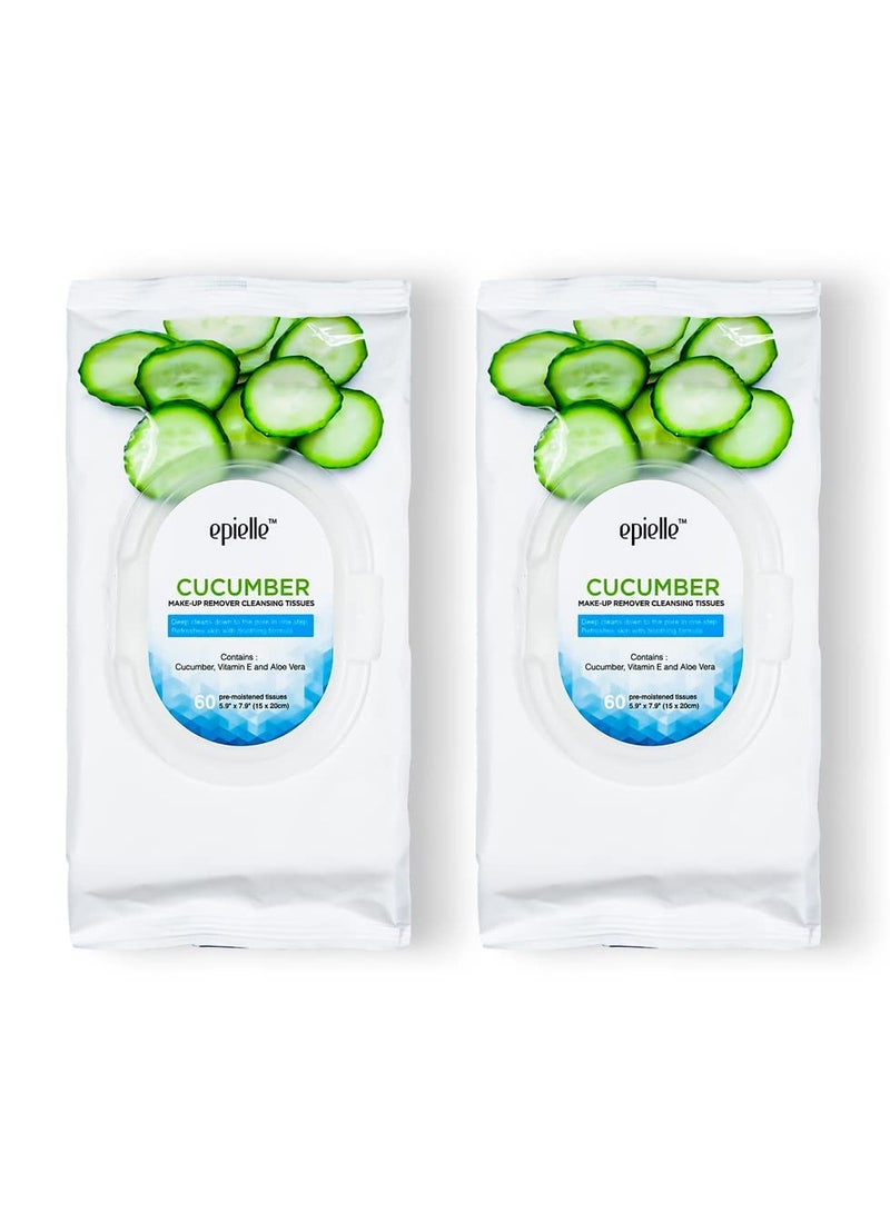 Epielle New Makeup Remover Cleansing Wipes Tissue Towelettes - Cucumber, 60 Counts, 2 Pack Beauty Stocking Stuffers Gift
