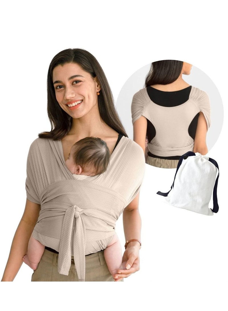Baby Wrap Carrier Summer Mesh Breathable Baby Carrier Easy to Wear Hands-Free Baby Carrier Moisture Wicking Soft Ideal for Newborns and Kids Under 44lbs (Beige)