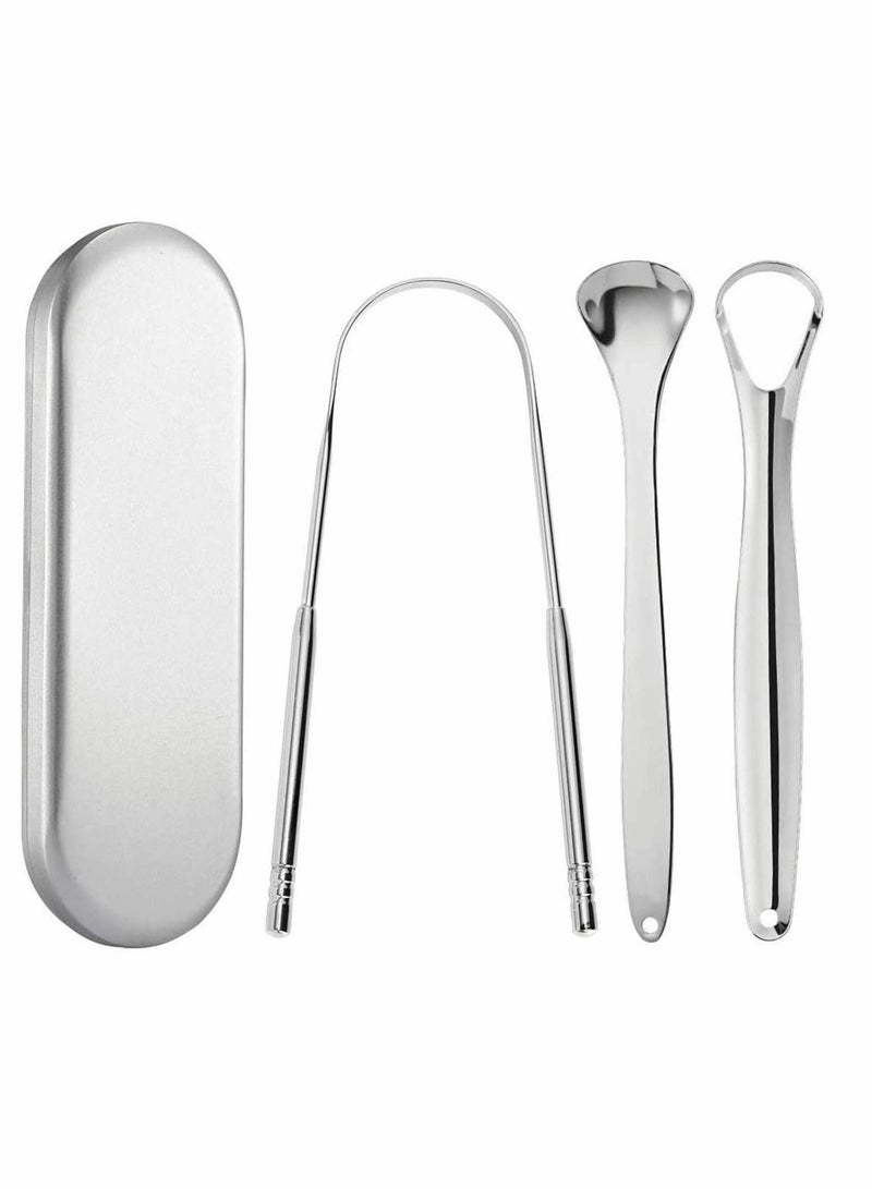 Tongue Scraper Tongue Cleaner Stainless Steel Tongue Scrapers with Travel Case for Oral Cleaning, Professional Tongue Cleaners for Fresher Breath (3 Shapes Tongue Scrapers) 3 Pieces