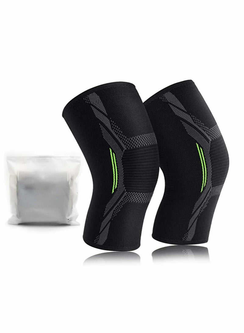 Knee Brace, 2 Pcs Knee Support Brace for Men & Women, Knee Compression Sleeve for Running, Pain Relief (Large, Black Green)