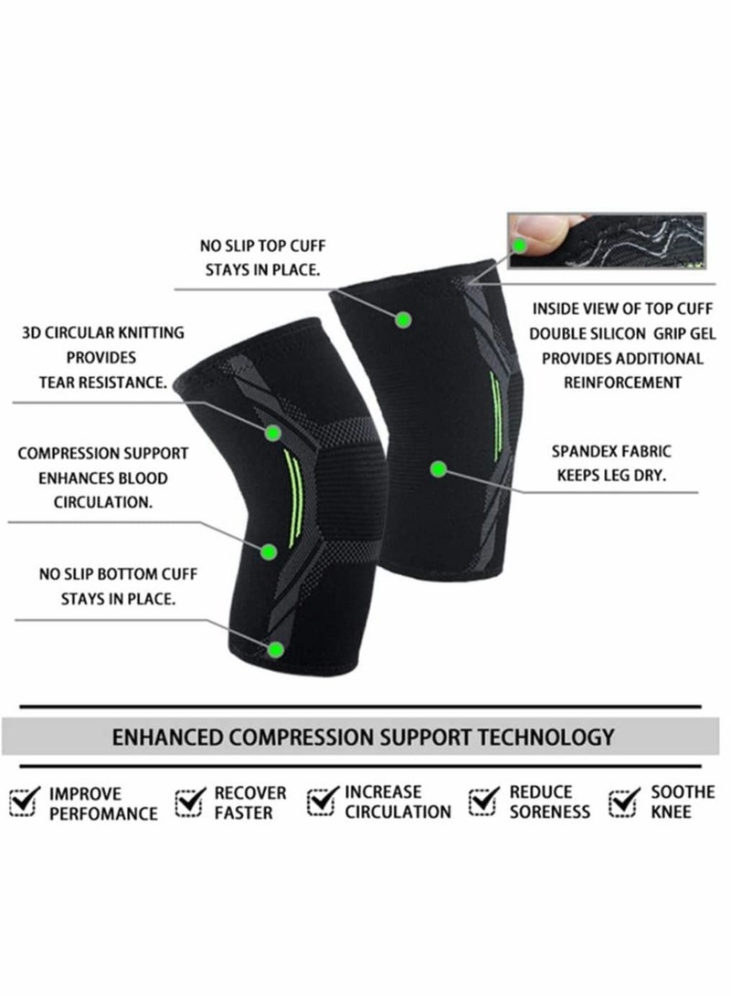 Knee Brace, 2 Pcs Knee Support Brace for Men & Women, Knee Compression Sleeve for Running, Pain Relief (Large, Black Green)