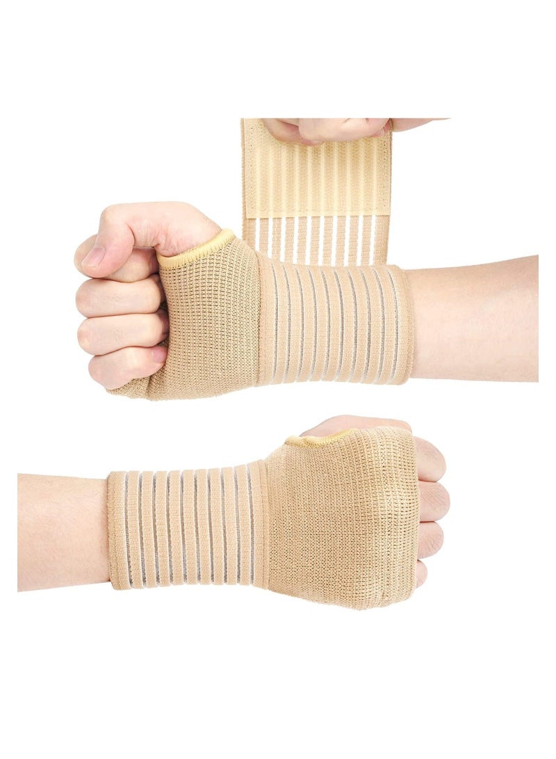 2Pcs Wrist Brace Elastic Wrist Support with Strap Ideal for Sprains Injury or Sports Use with no Metal bar Support Without inhibiting Flexibility Left or Right Beige
