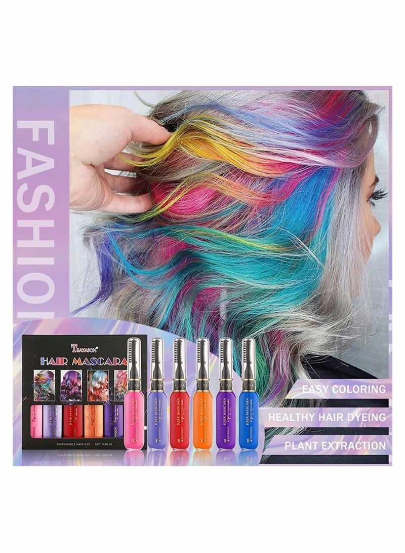 6 Pcs Temporary Hair Mascara Instantly Hair Color Dye Hair Color Chalk Comb Punky Color Washable Hair Dye Mascara for Dark Light Hair Kids Girls Women Party Birthday Gifts