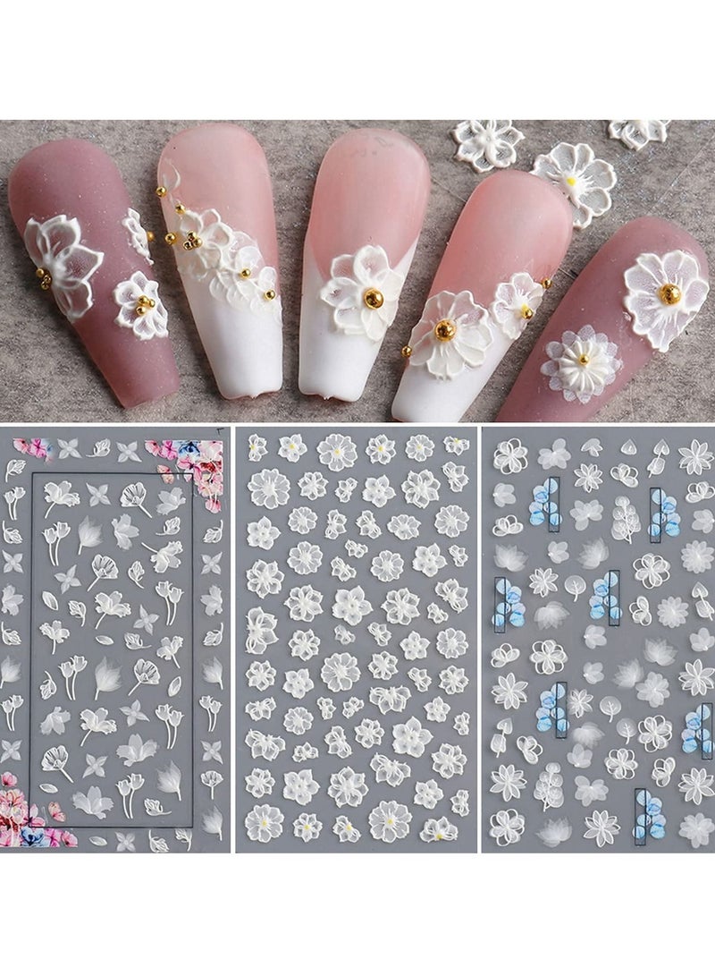 Flower Nail Art Sticker Decals 5D Hollow Exquisite Pattern Supplies Self-Adhesive Luxurious Decoration White Feather Lace Leaf Carving Design DIY Acrylic