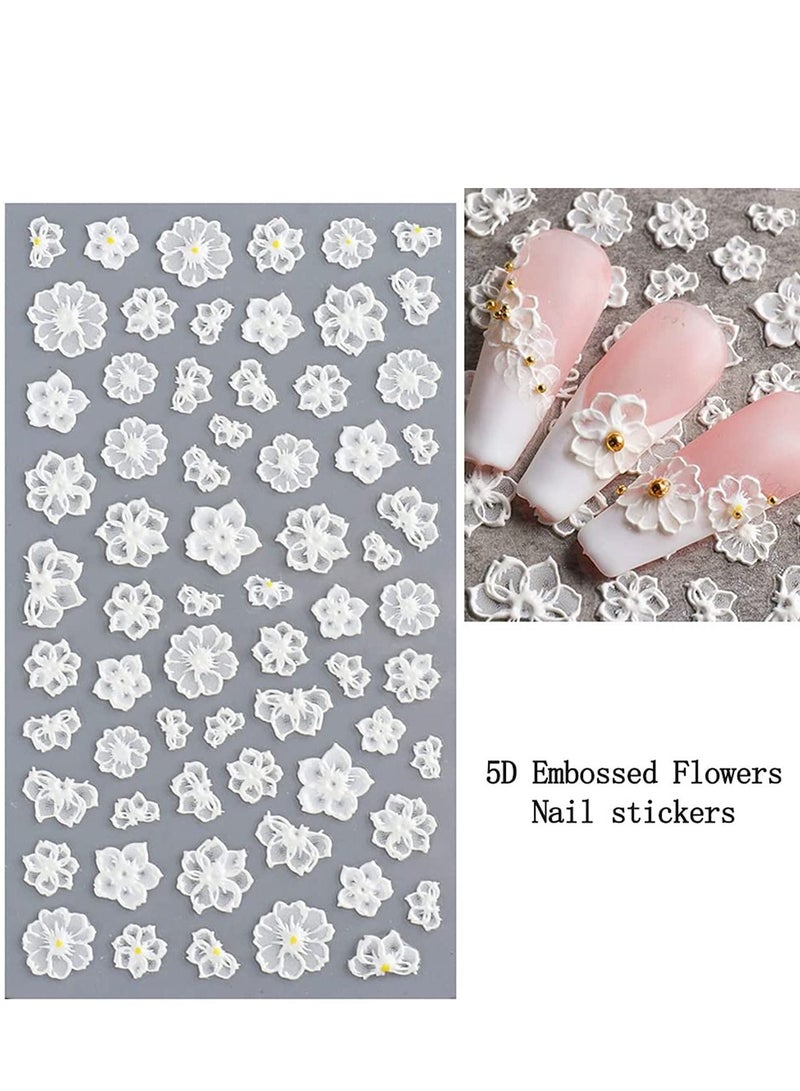 Flower Nail Art Sticker Decals 5D Hollow Exquisite Pattern Supplies Self-Adhesive Luxurious Decoration White Feather Lace Leaf Carving Design DIY Acrylic