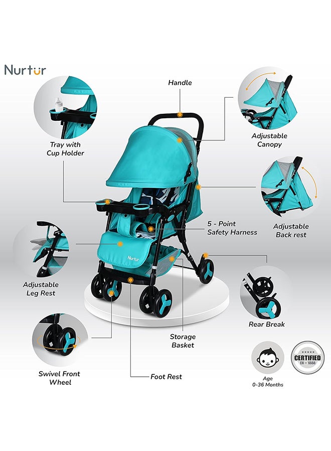 Ryder Ultra Compact Lightweight Baby Travel Stroller with Storage Basket, Detachable Food Tray, Reclining Seat and Leg Rest, 0-36 Months, , Teal Printed