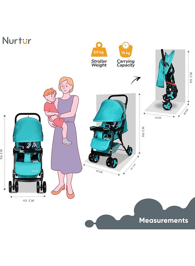 Ryder Ultra Compact Lightweight Baby Travel Stroller with Storage Basket, Detachable Food Tray, Reclining Seat and Leg Rest, 0-36 Months, , Teal Printed