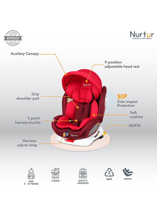 Ultra Baby 4 In 1 Car Seat Isofix 9-Level Adjustable Headrest And Canopy Upto 36Kg Red