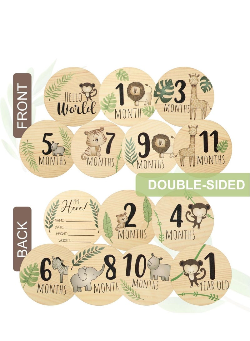 Baby Monthly Milestone with Announcement Sign Wooden Newborn Welcome Discs Sign Round New Baby Sign Double Sided Printed Baby  for Boys Girls Photo Prop Baby Shower