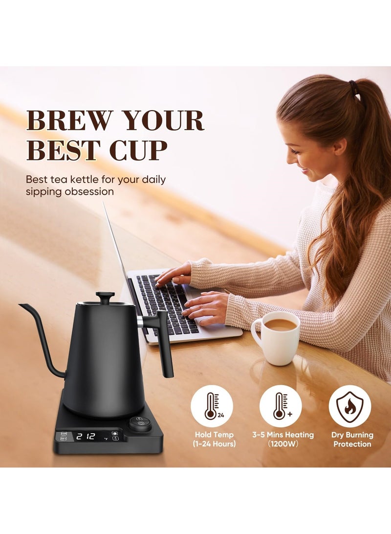 Electric Gooseneck Kettle, with LCD Display Temperature Control, Electric Tea Kettle with Auto Shut-off, 24H Keep Warm for Coffee, 1200W 1L Stainless Steel Pour-Over Coffee Kettle
