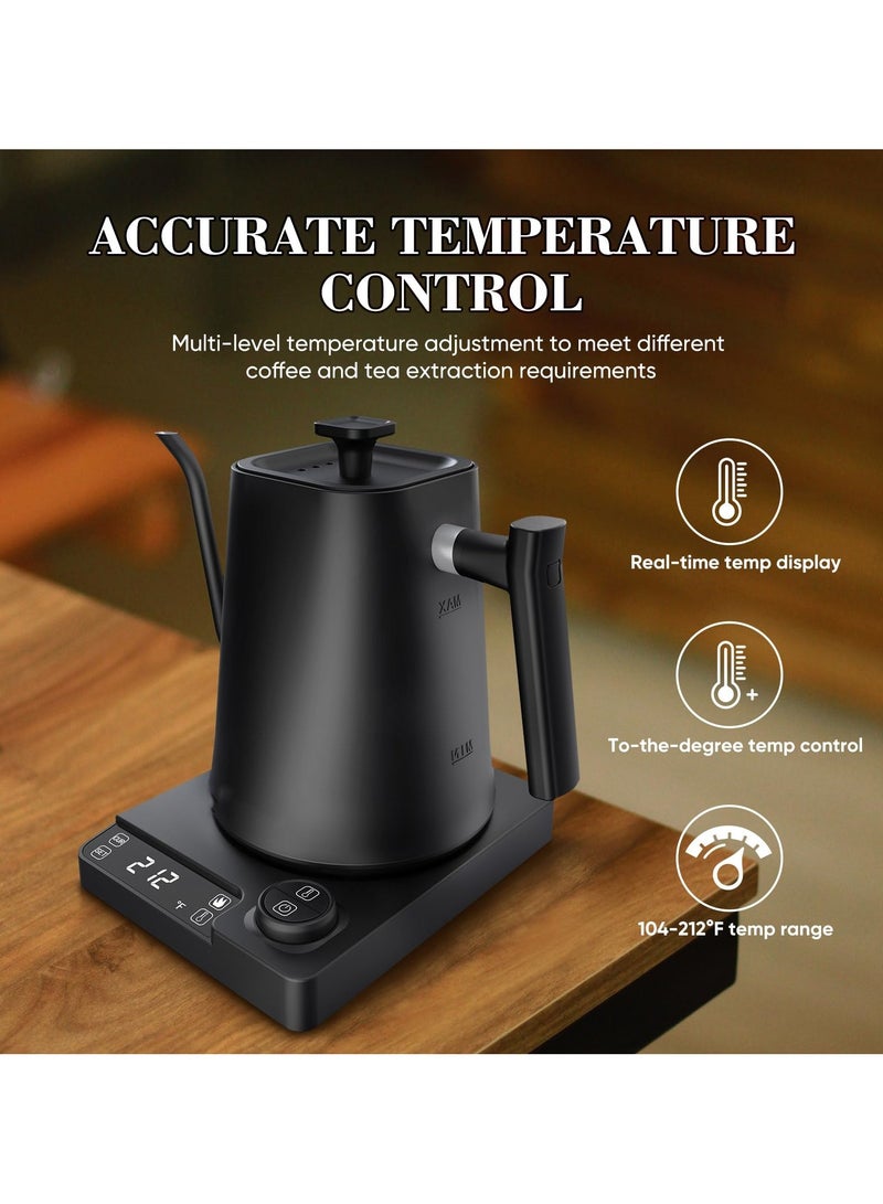 Electric Gooseneck Kettle, with LCD Display Temperature Control, Electric Tea Kettle with Auto Shut-off, 24H Keep Warm for Coffee, 1200W 1L Stainless Steel Pour-Over Coffee Kettle