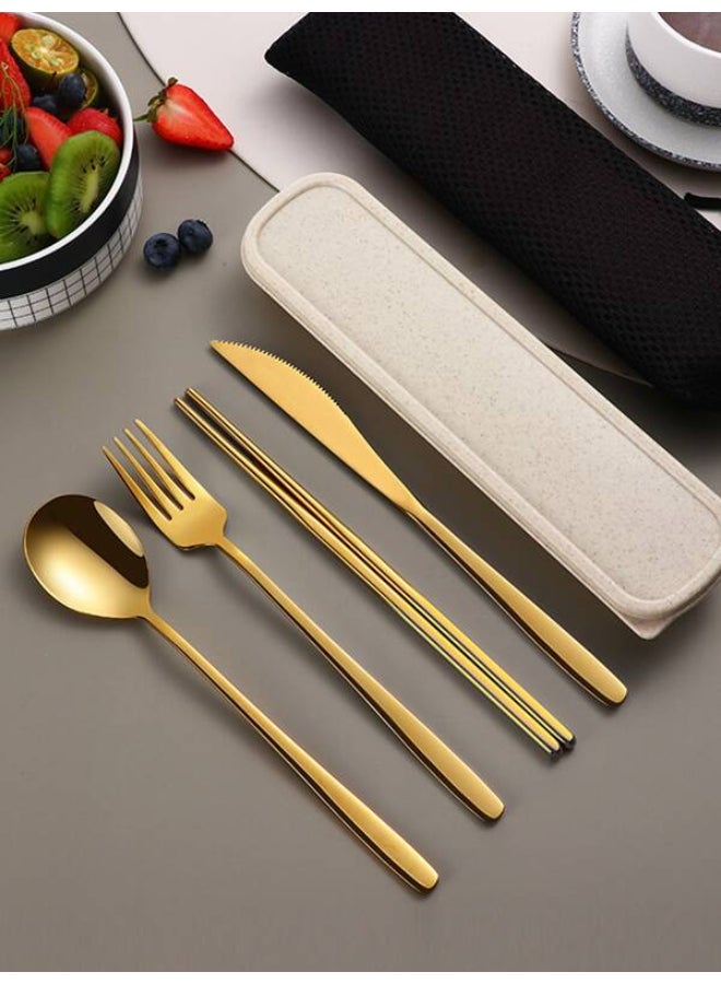 Skin Gold 4pcs Stainless Steel Portable Tableware Set, Including Steak Knife, Fork, Spoon and Chopsticks