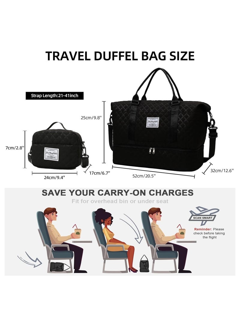 Weekender Travel Bag for Women, Carry On Overnight Duffel Bag, with Shoe Compartment, Large Gym Tote Duffle Bag with Toiletry Bag Black, Hospital Bags for Labor and Delivery(Black)