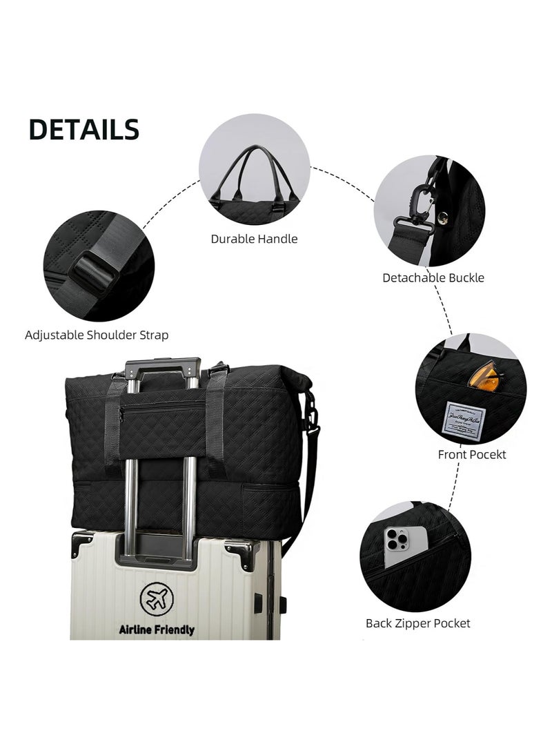 Weekender Travel Bag for Women, Carry On Overnight Duffel Bag, with Shoe Compartment, Large Gym Tote Duffle Bag with Toiletry Bag Black, Hospital Bags for Labor and Delivery(Black)