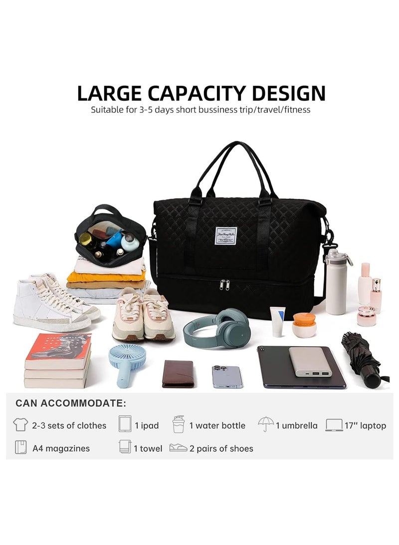 Weekender Travel Bag for Women, Carry On Overnight Duffel Bag, with Shoe Compartment, Large Gym Tote Duffle Bag with Toiletry Bag Black, Hospital Bags for Labor and Delivery(Black)