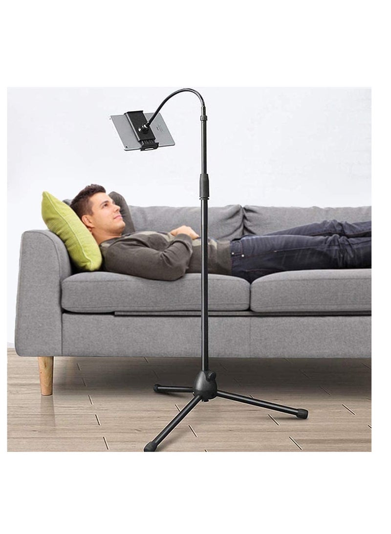 Tripod Tablet Floor Stand,360 Degree Rotation Gooseneck Flexible Arm Stand Clamp Lazy Phone Tablet Holder Mount Height&Angle Adjustable Swivel For Bedside, Kitchen, Office, Sofa, Parlor