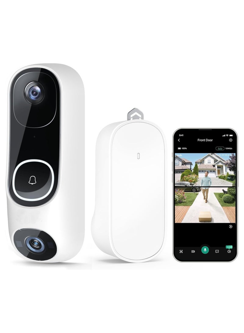Pro Dual Camera Video Doorbell 2K With Chime Free Video History Over 190° Widest Field Of View 5MP Ultra HD Wireless Doorbell Camera Triple Detection 5 Min Installation Battery Powered