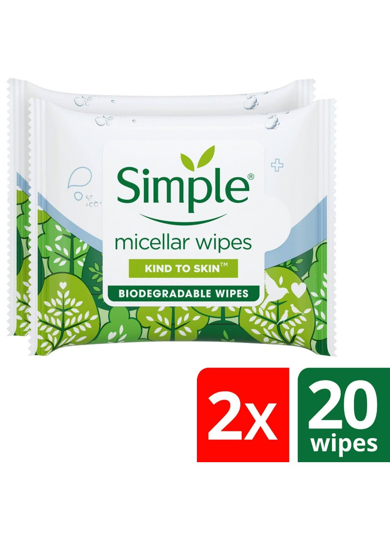 Simple Kind to Skin Micellar Biodegradable Waterproof Make-Up Remover Cleansing Wipes 2x20 Wipes