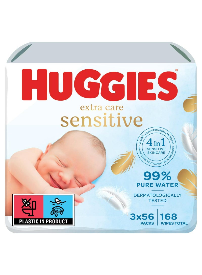 Huggies Pure Extra Care Sensitive Newborn Wet Baby Wipes, 99% Water - 3 Pack (3 x 56 Wipes)