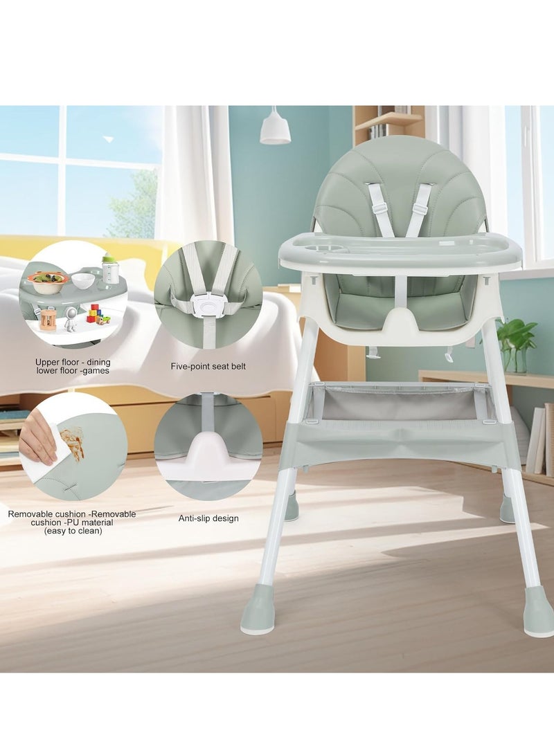 High Chair for Babies and Toddlers, 3-in-1 High Chairs with Five Point Seat Belt and Double Large Tray, Adjustable Foldable Baby High Chair for Ages 6 Months and Up