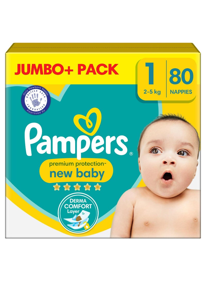 Pampers New Baby Size 1 Jumbo+ Pack, 2kg-5kg 80 Nappies