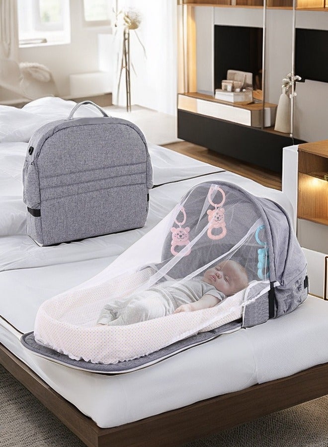 Baby Travel Cot with Mosquito Net and Awning, Foldable Baby Tent, Washable Crib Bionic Travel Bed Breathable Cradle Cot, Portable Baby Cot, Foldable Baby Cot with Mosquito Net (Grey)