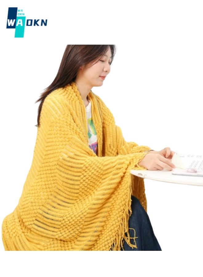Acrylic Fiber Knitted Blanket 130x180 cm, Soft Air-conditioned Blanket, Hand-woven Sofa Blanket, Light and Breathable Nap Warm Knitted Blanket (Yellow)