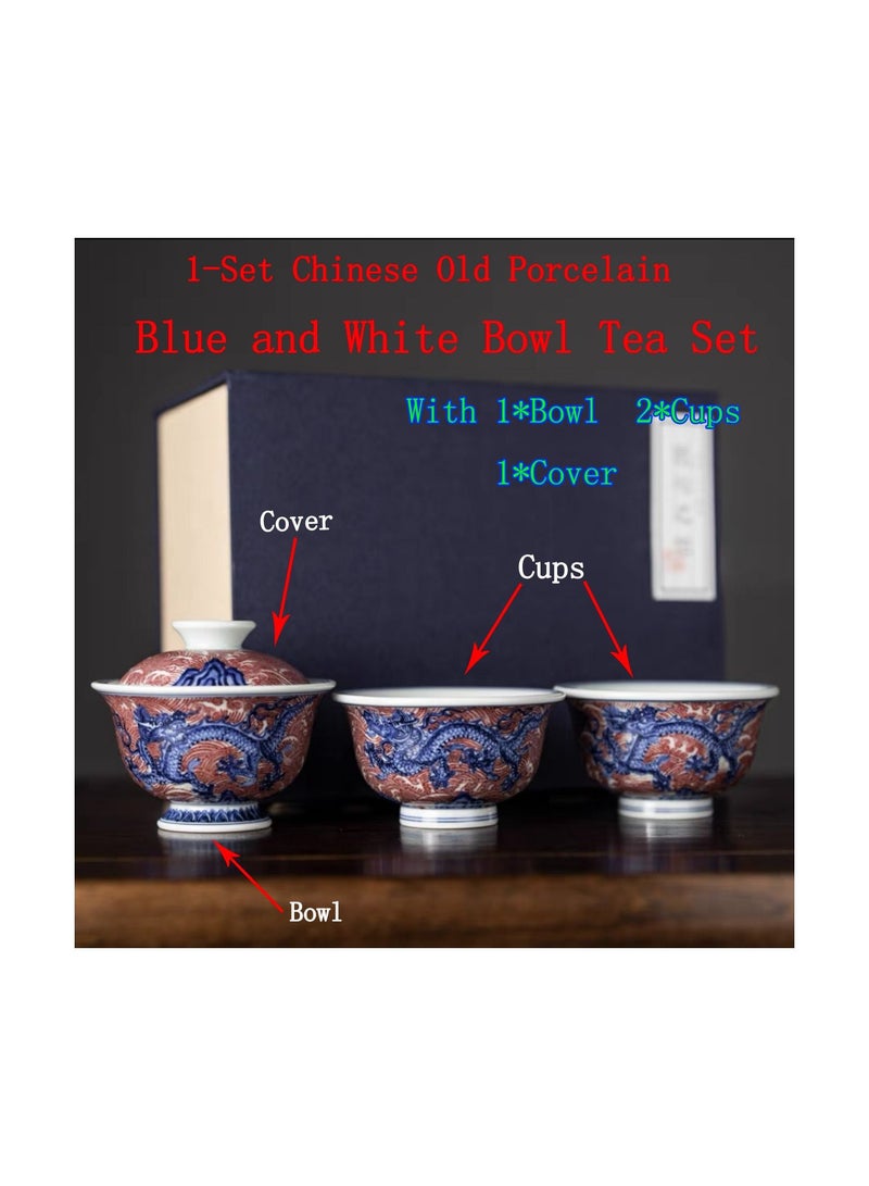 1-Set Chinese Old Porcelain Blue and White Bowl Tea Set,Chinese Tea Bowl with Cover and Cups,Chinese Traditional Handicraft Ceramic Tea Set