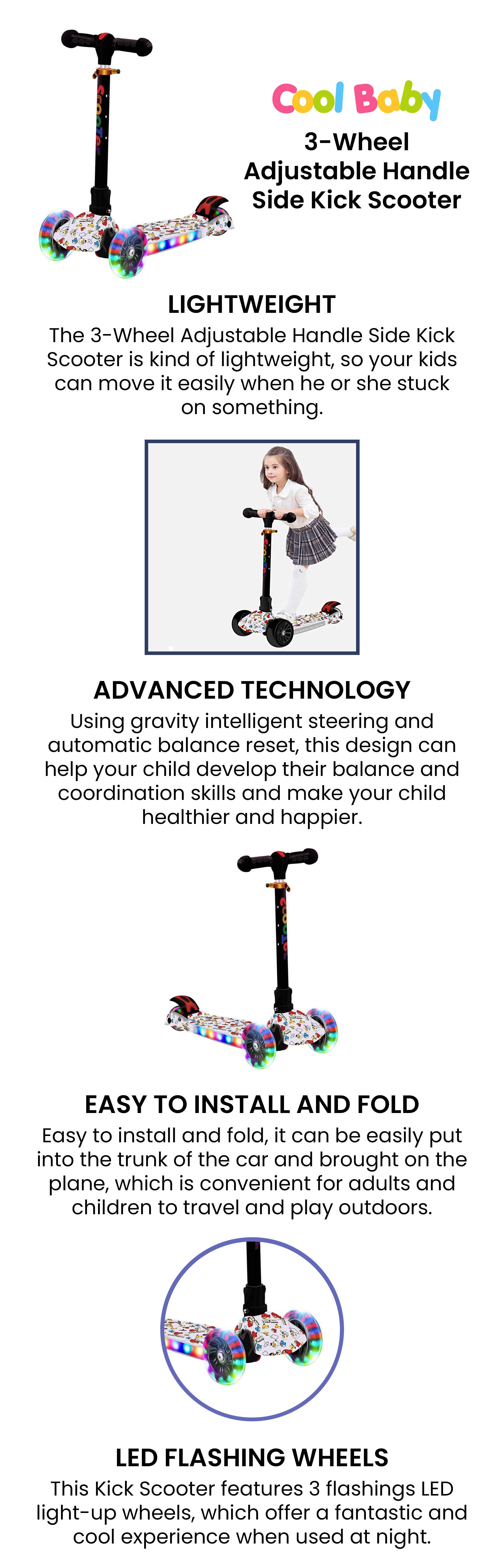 3-Wheel Handle Side Kick Scooter With Adjustable Handlebar Multicolour