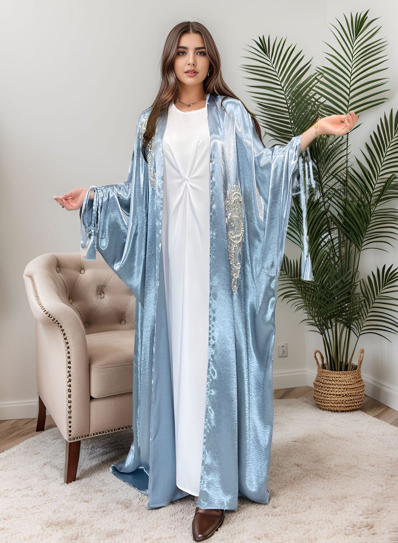 Abaya Elegant Pure Sky-Blue Shining Saton Robe, Shineshe