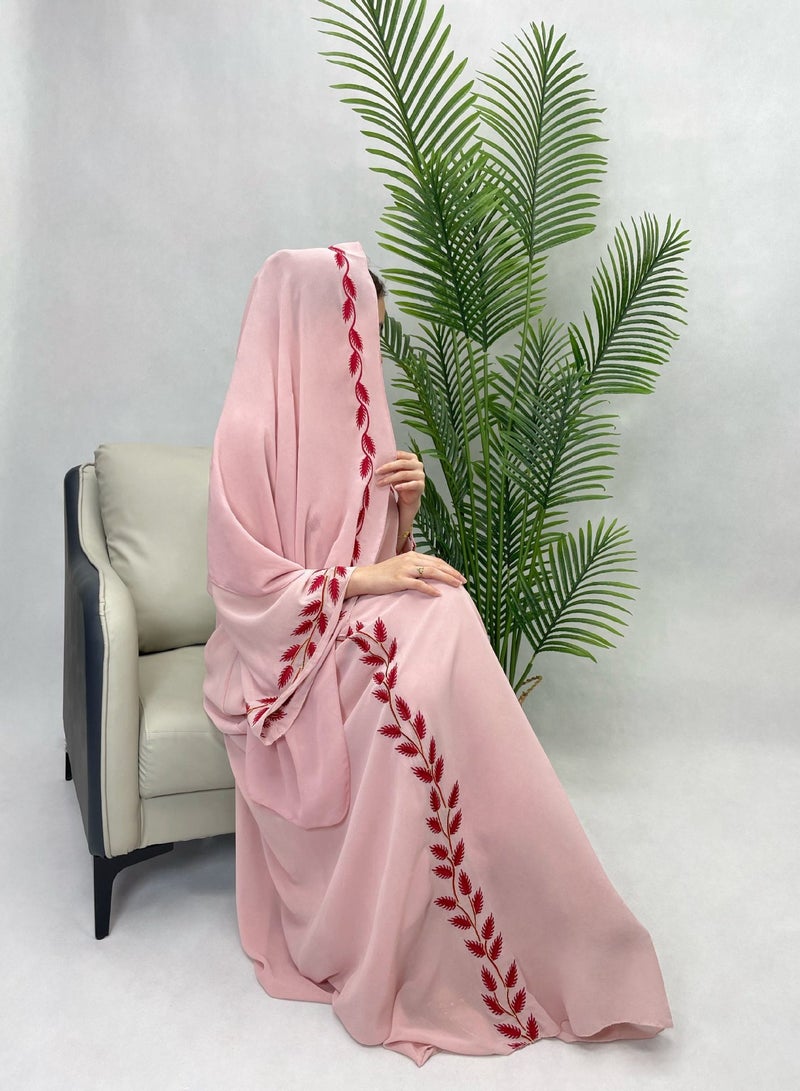Abaya Fashion Chiffon Pink Round Neck Plant Pattern Embroidery Long Dress, including Scarf, Shineshe