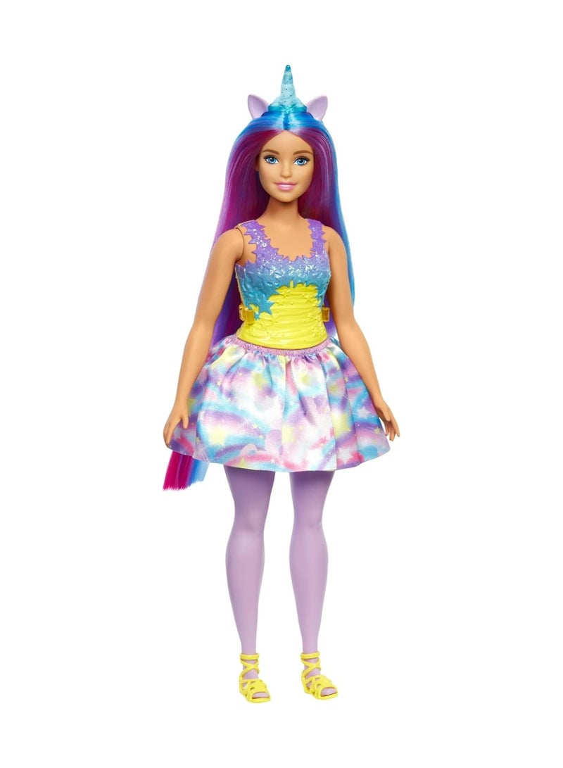 Barbie Dreamtopia Unicorn Doll (Curvy, Blue & Purple Hair), with Skirt, Removable Unicorn Tail & Headband, Toy