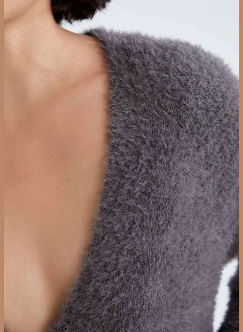Oversize V-Neck Buttoned Fluffy Cardigan