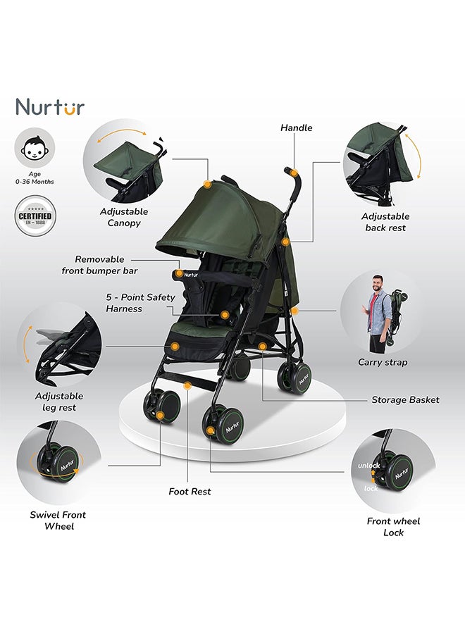 Archer Baby/Kids Lightweight Stroller 0 36 Months, Storage Basket, Detachable Bumper, 5 Point Safety Harness, Compact Design, Dark Green