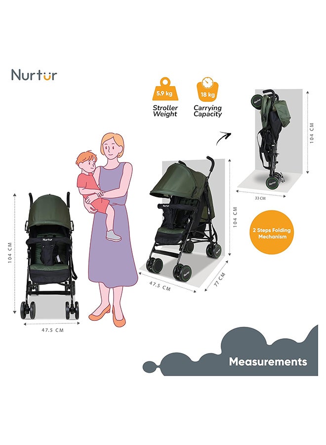 Archer Baby/Kids Lightweight Stroller 0 36 Months, Storage Basket, Detachable Bumper, 5 Point Safety Harness, Compact Design, Dark Green