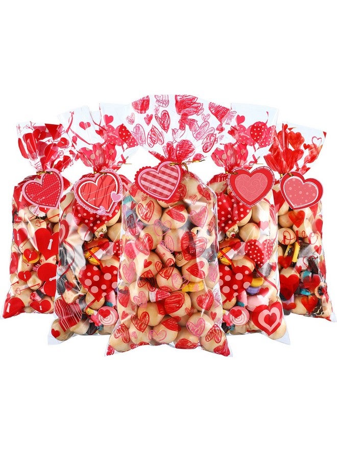 100 Pcs Valentine Cellophane Treat Bags With 50 Pcs Heart Shape Gift Tags And 200 Pcs Twist Ties Plastic Valentine Goodie Candy Bags Gift Bags Valentine Favor Bags For Valentine'S Day Party Supplies