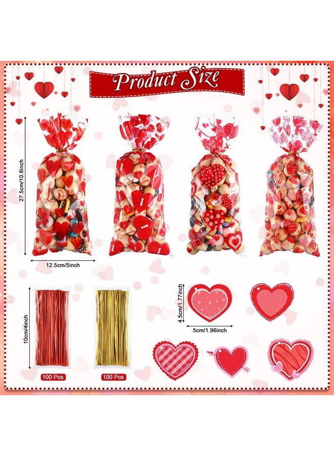 100 Pcs Valentine Cellophane Treat Bags With 50 Pcs Heart Shape Gift Tags And 200 Pcs Twist Ties Plastic Valentine Goodie Candy Bags Gift Bags Valentine Favor Bags For Valentine'S Day Party Supplies