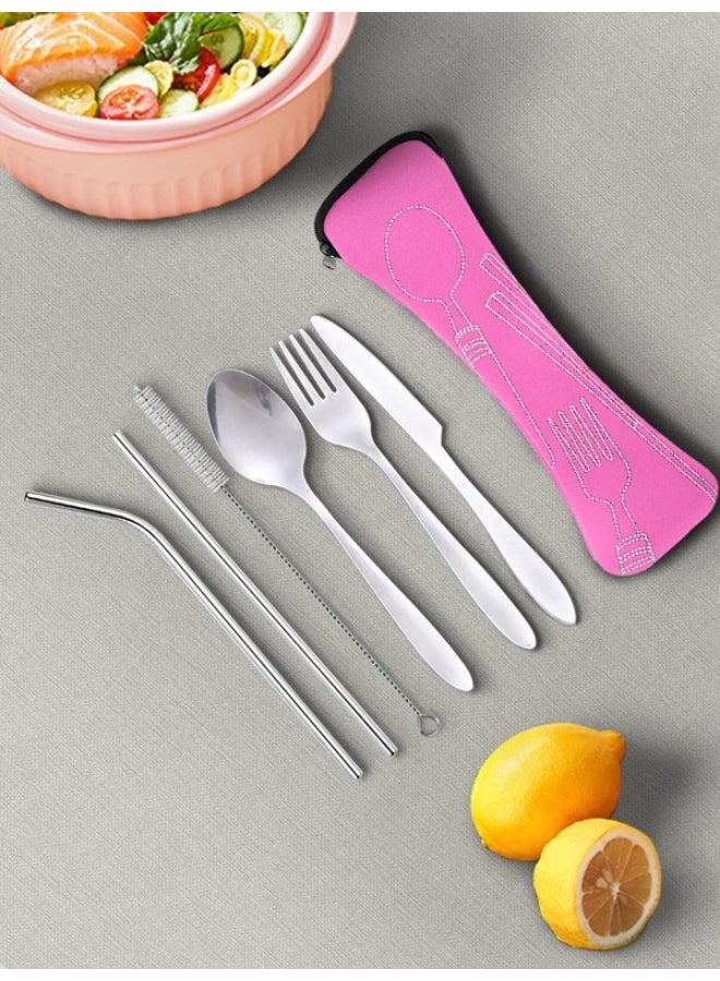 Pink 7pcs Stainless Steel Portable Cutlery Set Knife, Fork, Spoon, Straight Straw, Curved Straw, Straw Brush, With Portable Bag, Suitable For Outdoor Camping, Picnic, Student Canteen Use