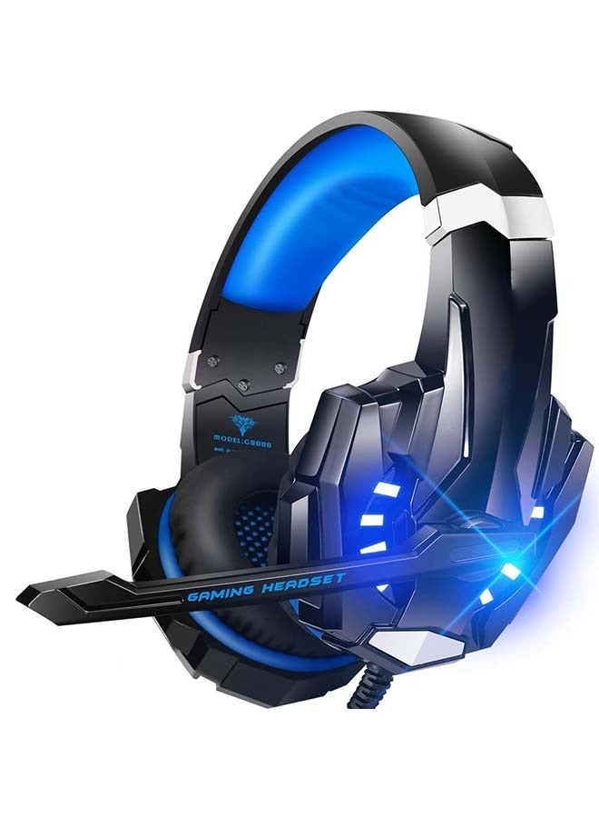 Stereo Gaming Headset for PS4 PC Xbox One PS5 Controller, Noise Cancelling Over Ear Headphones with Mic, LED Light, Bass Surround, Soft Memory Earmuffs (Blue)